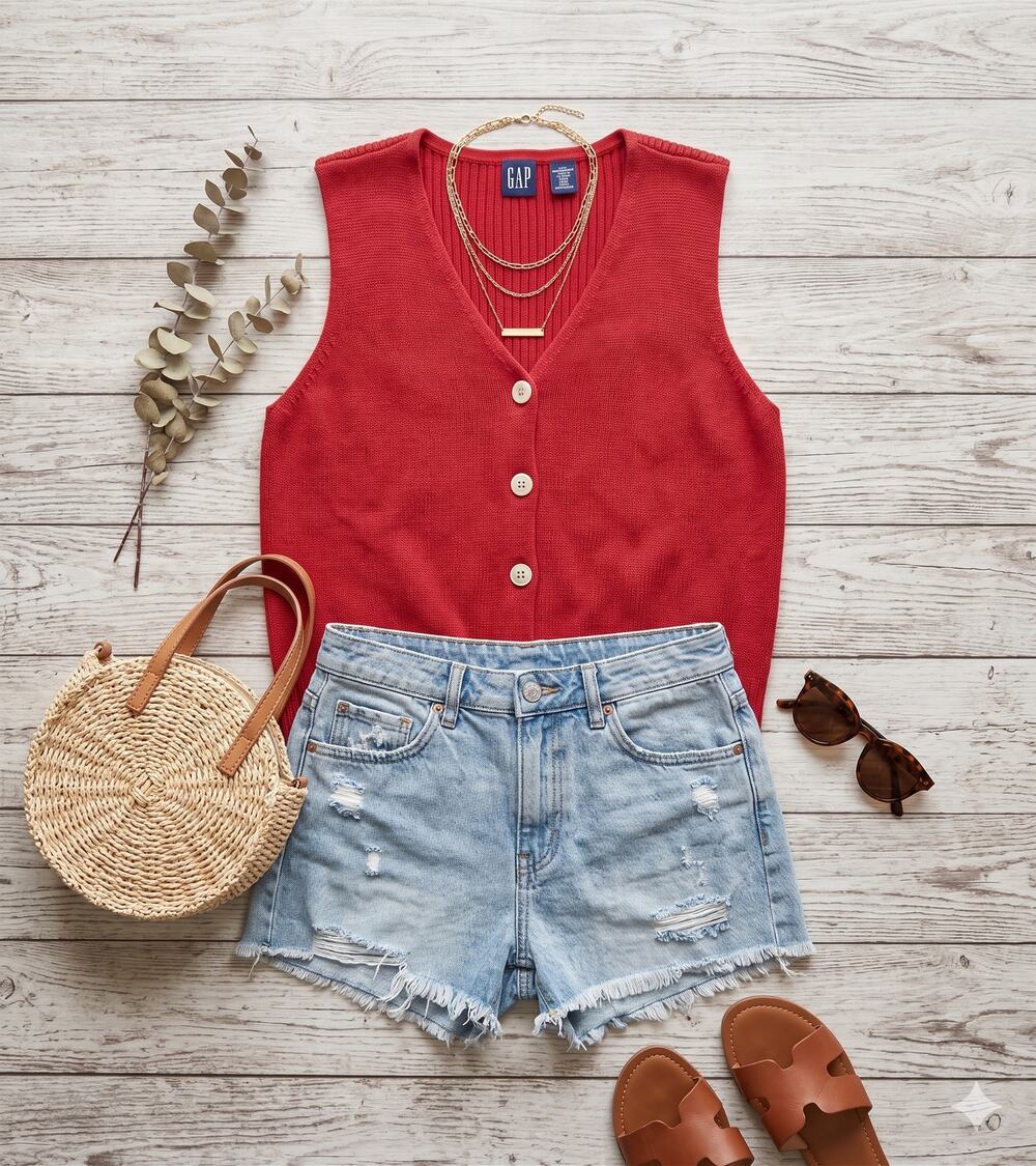 Gap Size Medium Ribbed Sleeveless button up sweater vest top Red Vneck Y2K
